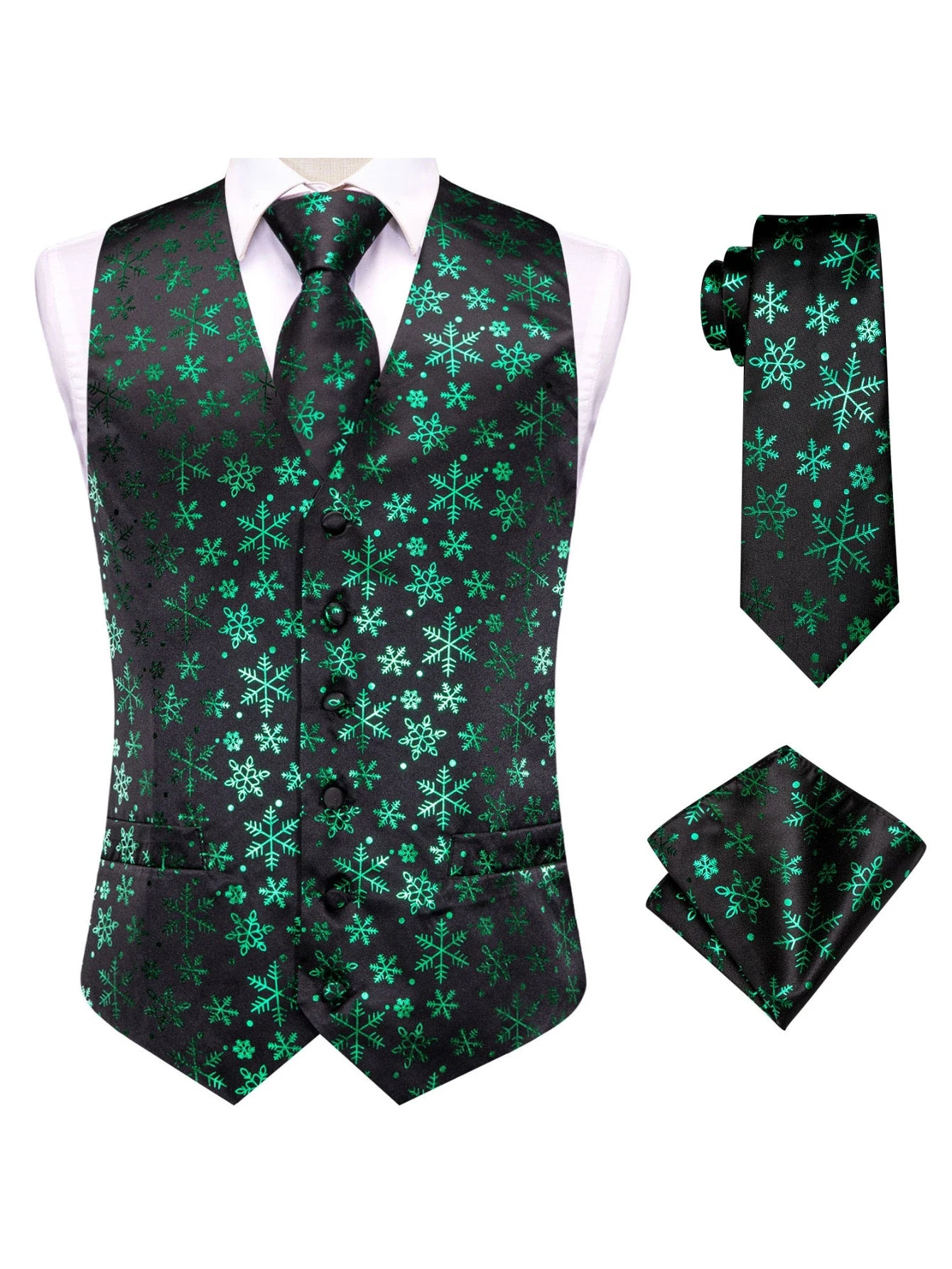 Men's Christmas Print Vest 3-Piece Set: Vest, Tie, Pocket Square, Red Blue Green Yellow for Holiday Parties
