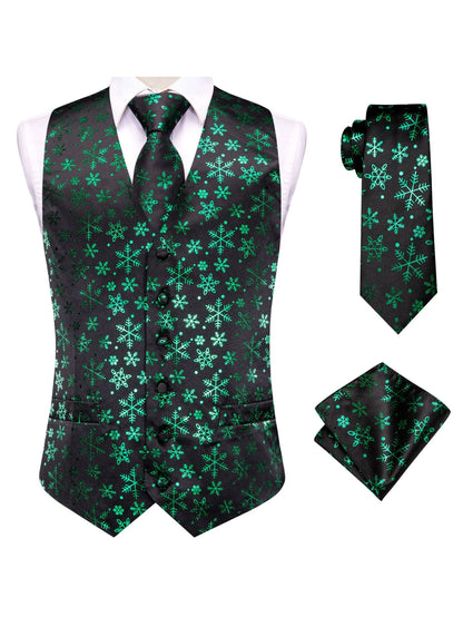 Men's Christmas Print Vest 3-Piece Set: Vest, Tie, Pocket Square, Red Blue Green Yellow for Holiday Parties