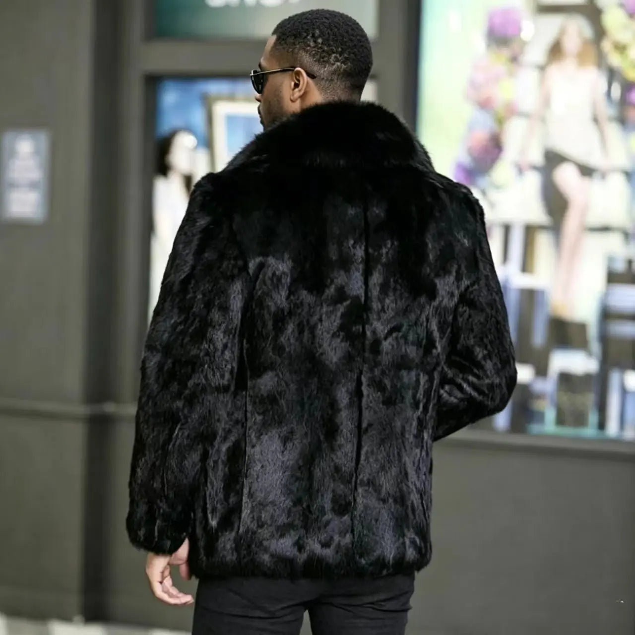 Man Hooded Black Rabbit Real Fur Overcoat Real Leather Collar Slim Zipper Coat Multi Size Warm Winter Luxury Daily Outerwear