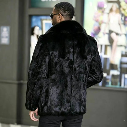 Man Hooded Black Rabbit Real Fur Overcoat Real Leather Collar Slim Zipper Coat Multi Size Warm Winter Luxury Daily Outerwear