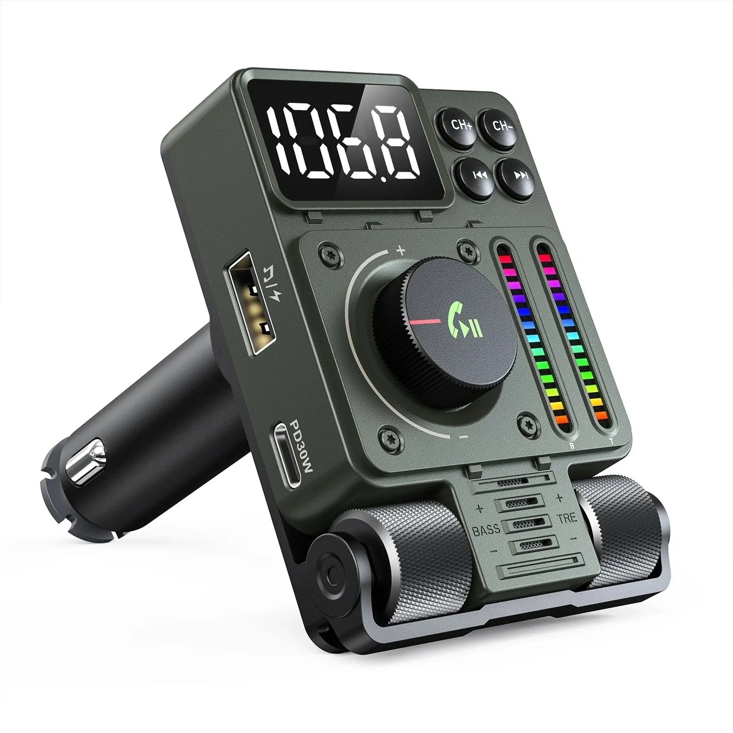 LENCENT Bluetooth 5.3 FM Transmitter for Car Adjustable Treble and Bass Sound Music Player Supports PD30W Fast Charging Car Kit