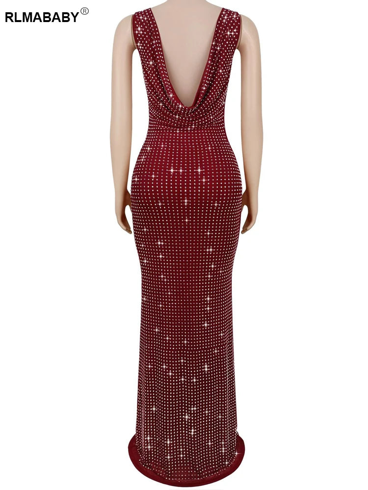 RLMABABY Sexy Swinging Collar Diamond Women Club Bodycon Dress Sleeveless Backless Evening Party Long Prom Dress