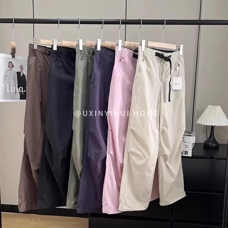 Lightweight Breathable Quick-Dry Paratrooper Pants Women's Casual Loose Fit Sunscreen Waist Cord Trousers Korean Style High W...