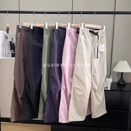 Lightweight Breathable Quick-Dry Paratrooper Pants Women's Casual Loose Fit Sunscreen Waist Cord Trousers Korean Style High W...