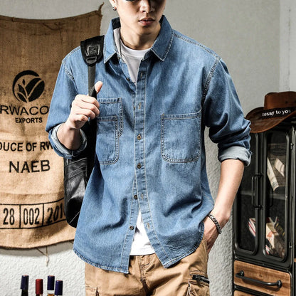 Spring Ruffian Handsome Denim Tooling Long-sleeved Shirt Men's Ins Trendy Versatile Casual American Retro Shirt Jacket