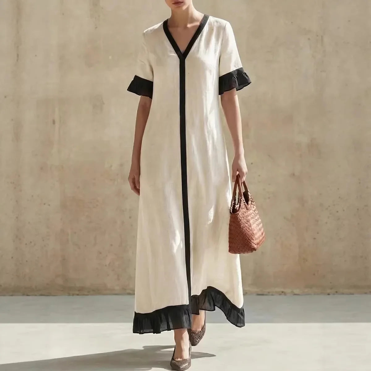 Summer Women Color Block V-Neck Short Sleeve Dress Loose Fit Long Maxi Dress Elegant Casual Beach Outfit