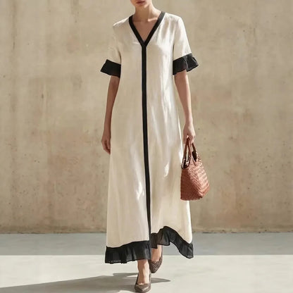 Summer Women Color Block V-Neck Short Sleeve Dress Loose Fit Long Maxi Dress Elegant Casual Beach Outfit