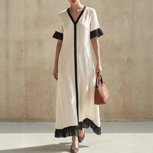Summer Women Color Block V-Neck Short Sleeve Dress Loose Fit Long Maxi Dress Elegant Casual Beach Outfit