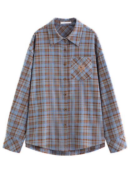 FSLE Brushed Plaid Shirt Women's Winter 2025 New Long Sleeve Plaid Retro Embroidery Shirt Classic Leisure Loose Tops