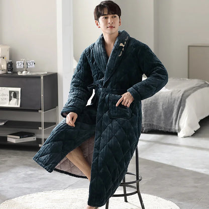 Big Size M-2XL Men Bath Robe 3 Layer Clip Cotton Bathrobe Male Dressing Gown Pijamas Hombre