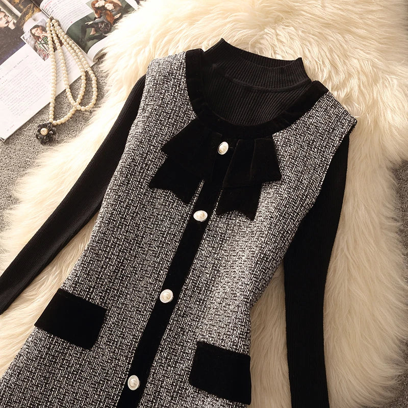 Spring Autumn Winter Tweed Color Block Vest Skirt Set  Knot Elegant Fashionable Two Piece Set Women's Luxury Style