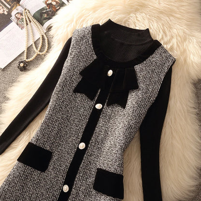 Spring Autumn Winter Tweed Color Block Vest Skirt Set  Knot Elegant Fashionable Two Piece Set Women's Luxury Style