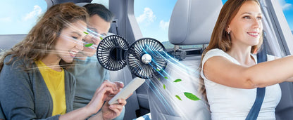 Hipacool Extension Arm Dual-Head Fan for Car Headrest 360° Rotation Air Cooling Fan Angle Adjustable 3-Speed Wind Brushless Fan