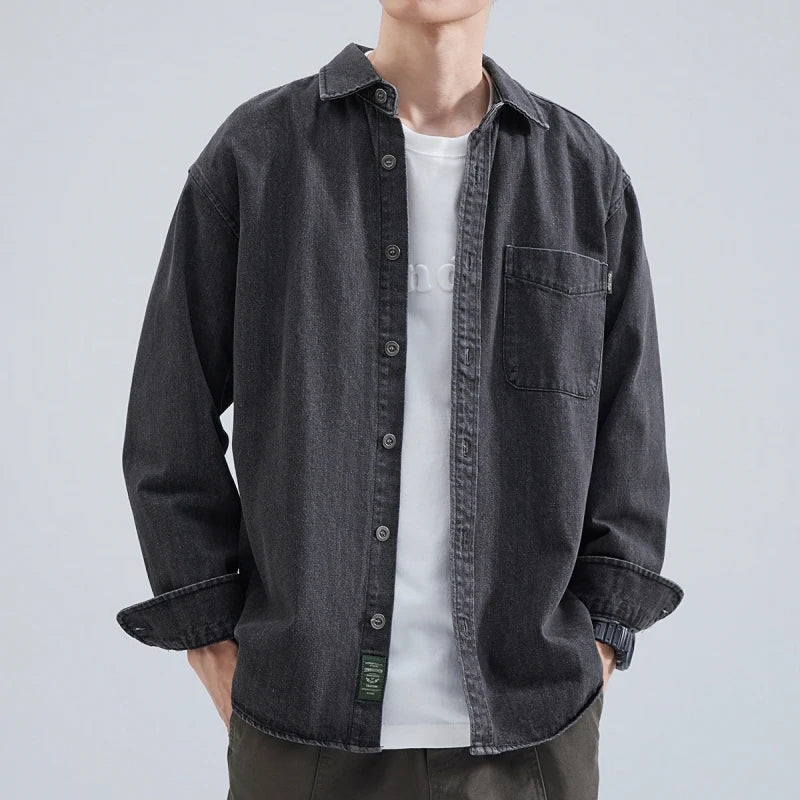 Denim Shirt Men's Long Sleeve 2025 Spring and Autumn Japanese Retro Loose Tooling Shirt, Boys Casual Jacket