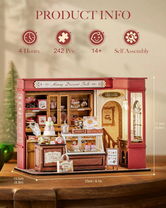 Rolife DIY Miniature House Kit and Furniture Dessert Shop Wooden Dollhouse Model Building Kit Gift for Children Adults