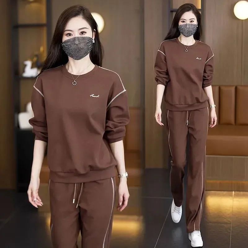 Ladies Large Size Cotton Embroidered Sportswear Set Casual Long Pants Two-Piece Fashionable Outfit for plus Size Women