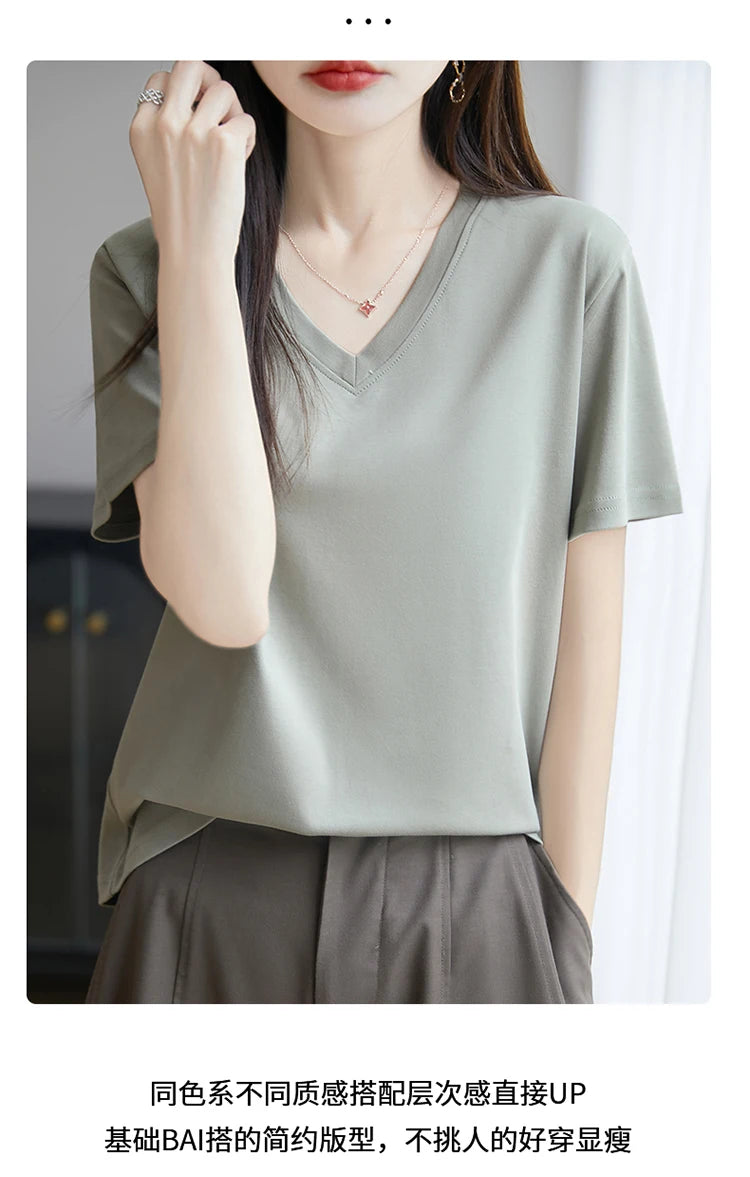 2026 Summer New Pure Cotton V-neck Short-sleeved T-shirt Women's Solid Color Joker Pullover Shirt with Loose Sleeve Bottom Shirt