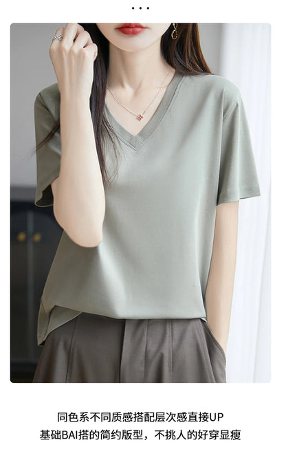 2026 Summer New Pure Cotton V-neck Short-sleeved T-shirt Women's Solid Color Joker Pullover Shirt with Loose Sleeve Bottom Shirt