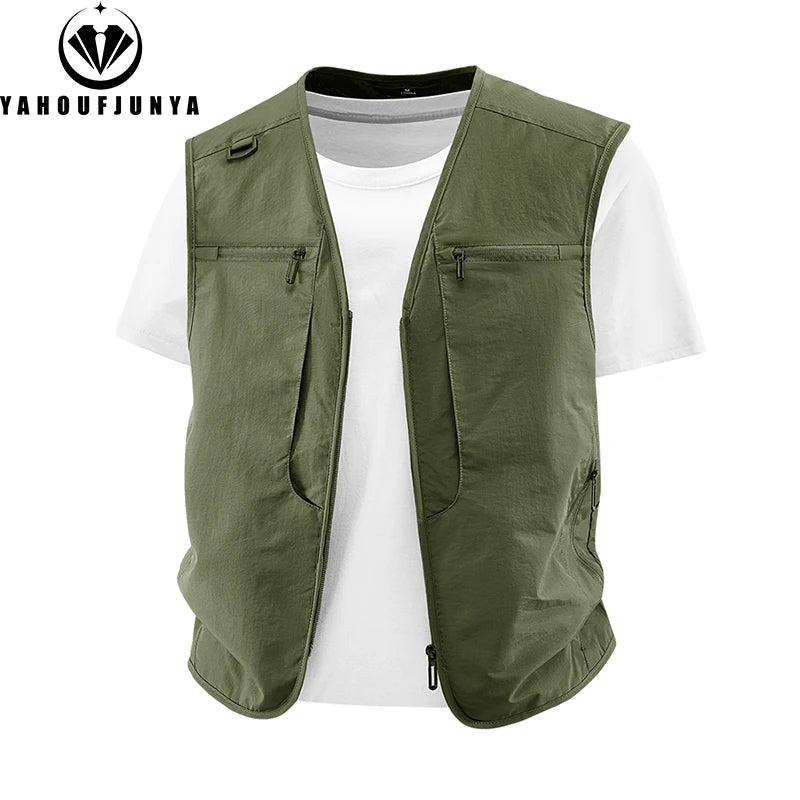 2026 Summer Men Sleeveless Outdoor Cargo Leisure Work Vest Men Pocket Solid Color Fishing Camping Thin Vest Male Waistcoat 8XL