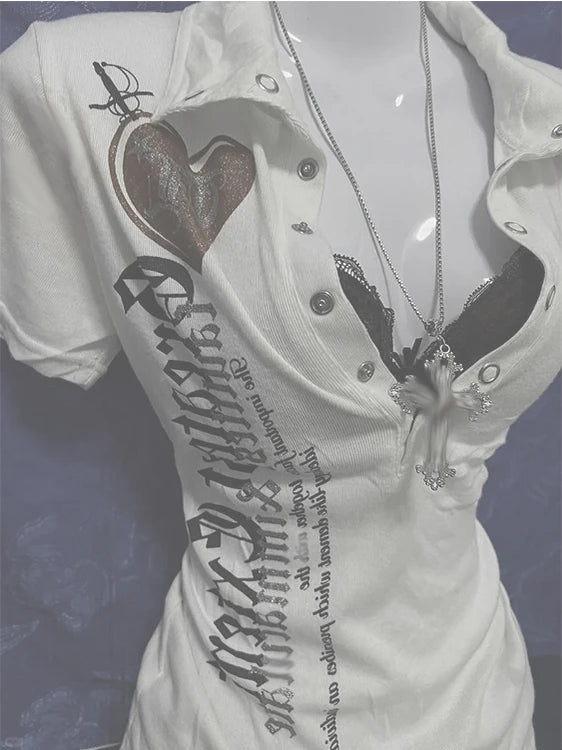 Retro American Hot Girl Print Short Sleeve Slim Fit T-Shirt Women's Summer New Style Versatile Slimming Top Cotton Polyester