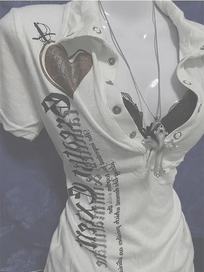 Retro American Hot Girl Print Short Sleeve Slim Fit T-Shirt Women's Summer New Style Versatile Slimming Top Cotton Polyester