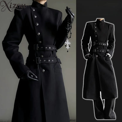 Black Belt Button Long Trench Coat Stand Collar Pad Shoulder Slim Fit Military Uniform  Cosplay Spring Autumn Unisex Men Women