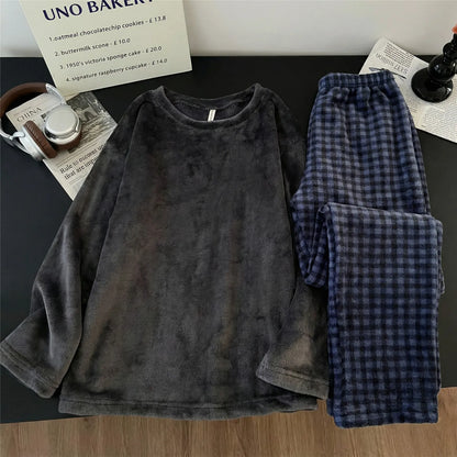 Men's Coral Fleece Pajamas Thickened Flannel Home Clothes Set Casual Loose Fit Autumn Winter Warm Sleepwear round Neck Sweats...