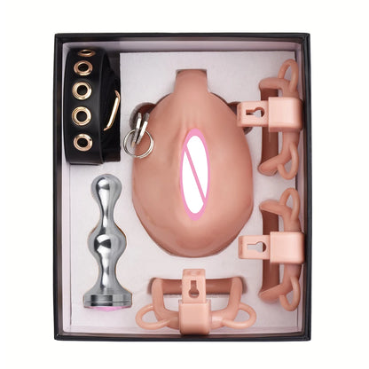 FRKO Real Pussy Labia Sissy Chastity Cage Set 정조대 4 Size Penis Ring Belt Lock Cock Anal Plug Pussy Worship Sex Toys For Men BDSM