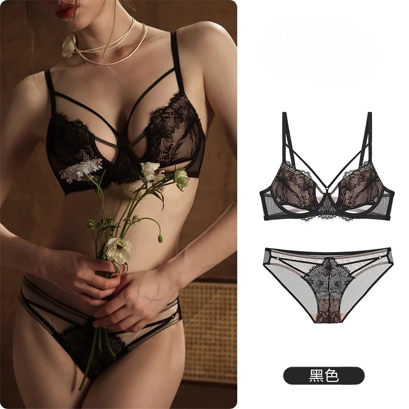 French Inspired Minimizer Bra Plus Size, Anti Sagging Lace Bralette, Sheer Sexy Tuhsy Lingerie Set Wireless Comfort Fall Winter