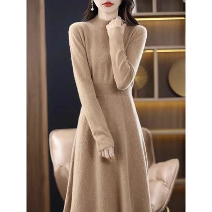 Women's Wool Knitted Mid-Length A-Line Dress Half High Collar Cashmere Base Dress Korean Style Commute Pure Color Winter Fashion