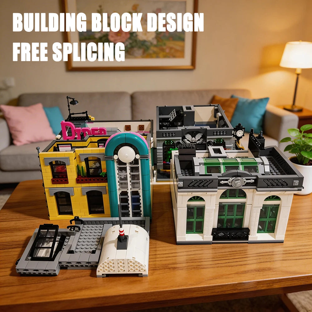 Creative Expert Bank Cafe Corner MOC Building Blocks City Model Bricks Dinner Bookstore Assembly Set Street View Toy Gifts Decor