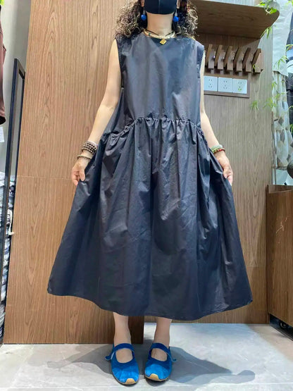 Minimalist Style Pleated Sleeveless Dress Women Black Waist-cinching Casual Long Dress Black XY335