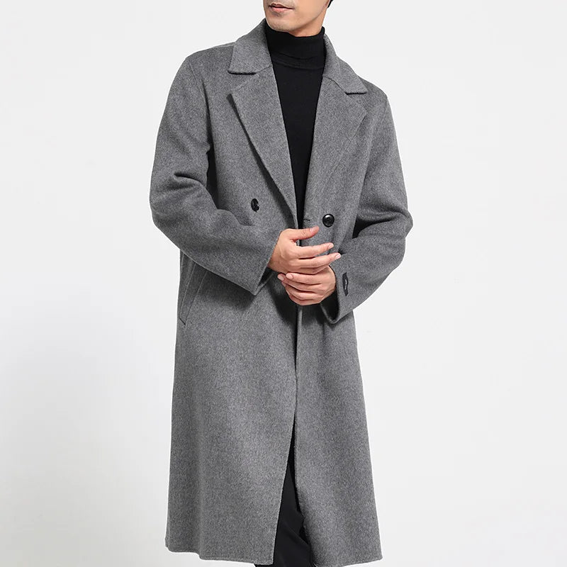Autumn Winter New Over The Knee Double-sided Wool Coat 100% Wool Coat Men's Korean Suit Collar Wide Loose Wool Coat Light Luxury