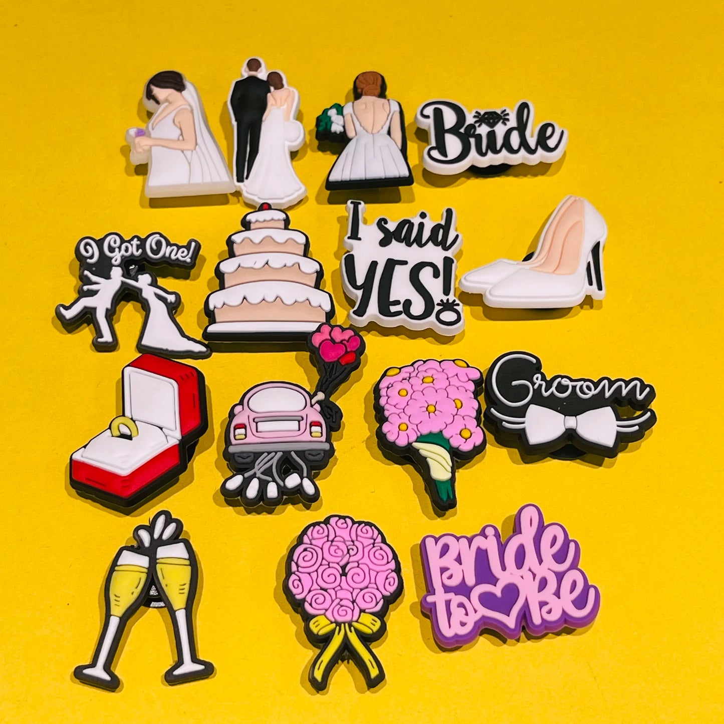 15Pcs Wedding Bride Groom Champagne Bouquet PVC Buckle Clog Garden Sandal Shoe Charms DIY Backpack Decorations Women Party Gift