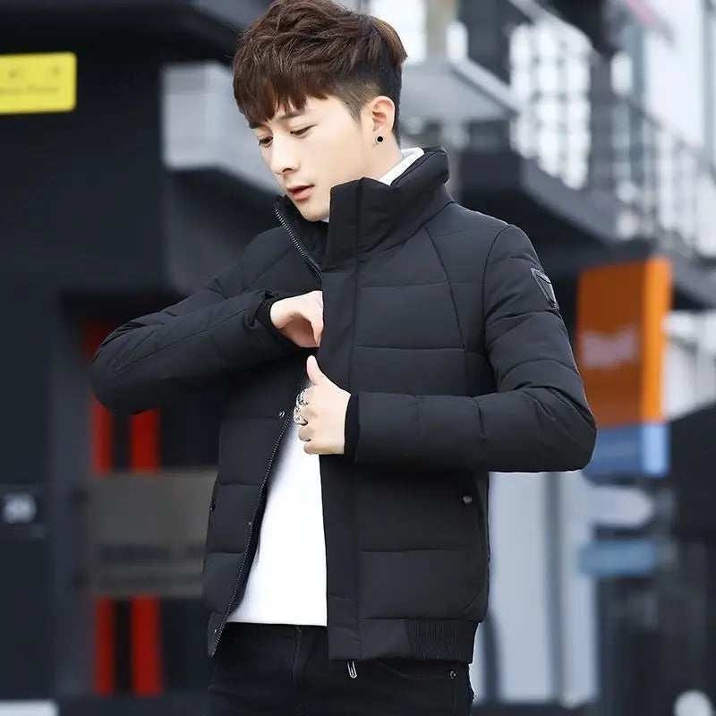 Super Warm Men's Quilted Jacket with Stand Collar Korean Design Thickened Winter Coat Youth Outdoor Sportswear