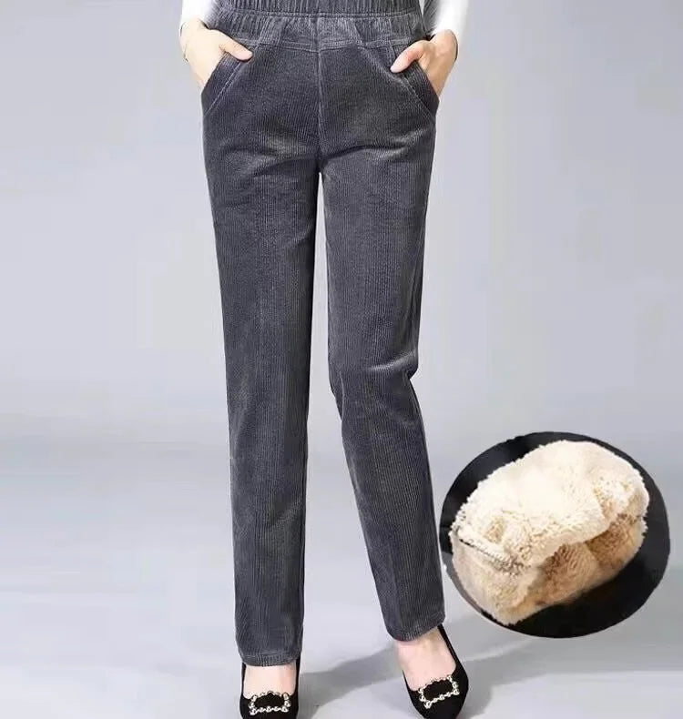 Thickened Fleece Corduroy Pants High Waist Harlan Style Winter 2024 New Women's Casual Trousers Elastic Waist Pocket Detail