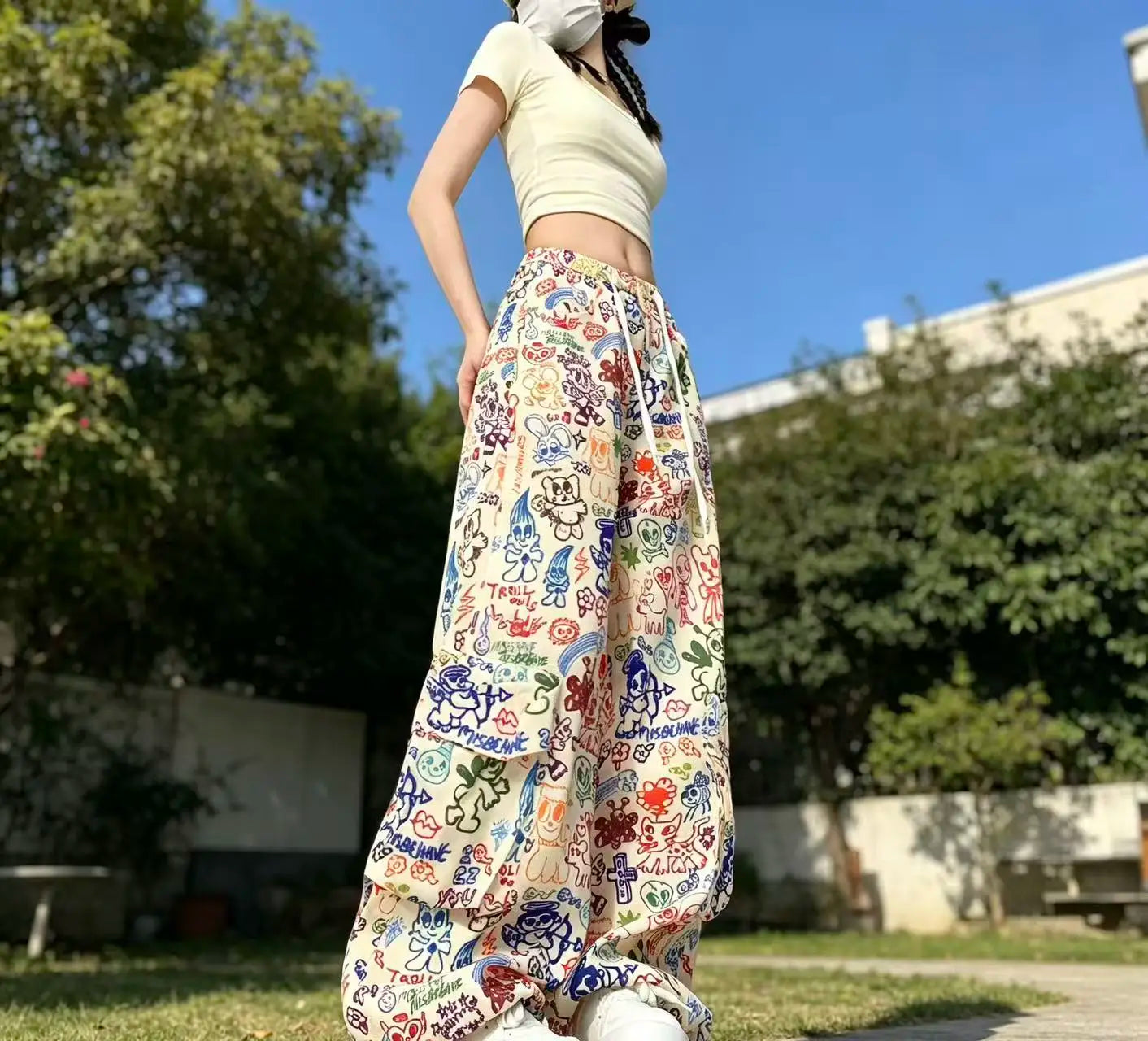 Y2K Cartoon Graffiti Wide Leg Pants - Colorful Print Drawstring High Waist Loose Streetwear Trousers for Women