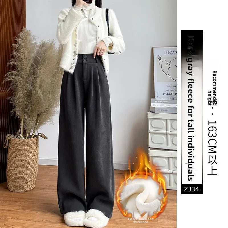 White Corduroy Wide Leg Pants Women's Autumn Winter Slim Straight Drapey Small Size Fleece Lined Suit Trousers