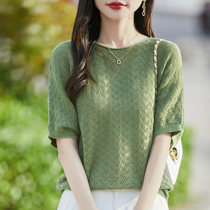 100% cotton ladies spring and summer comfortable round neck advanced design half sleeve pullover short sleeve blouse.