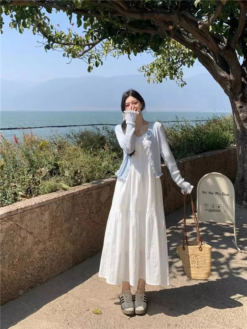 Slimming White Strapless Long Dress Simple French Style A-Line Midi Dress Women's Summer Fashion Sensation Waist-Cinching Dress