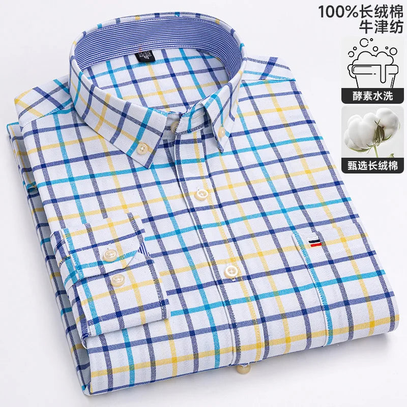 100% cotton men's long-sleeved shirt, casual plaid cotton shirt for young and middle-aged people, large size, authentic shirt