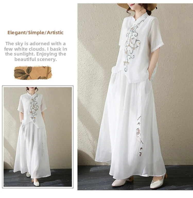 New National Style Heavy Embroidery  Set Women Summer Loose plus Size Fringed Wide Leg Pants Skirt Slimming Two Piece Set