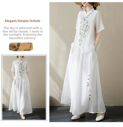 New National Style Heavy Embroidery  Set Women Summer Loose plus Size Fringed Wide Leg Pants Skirt Slimming Two Piece Set