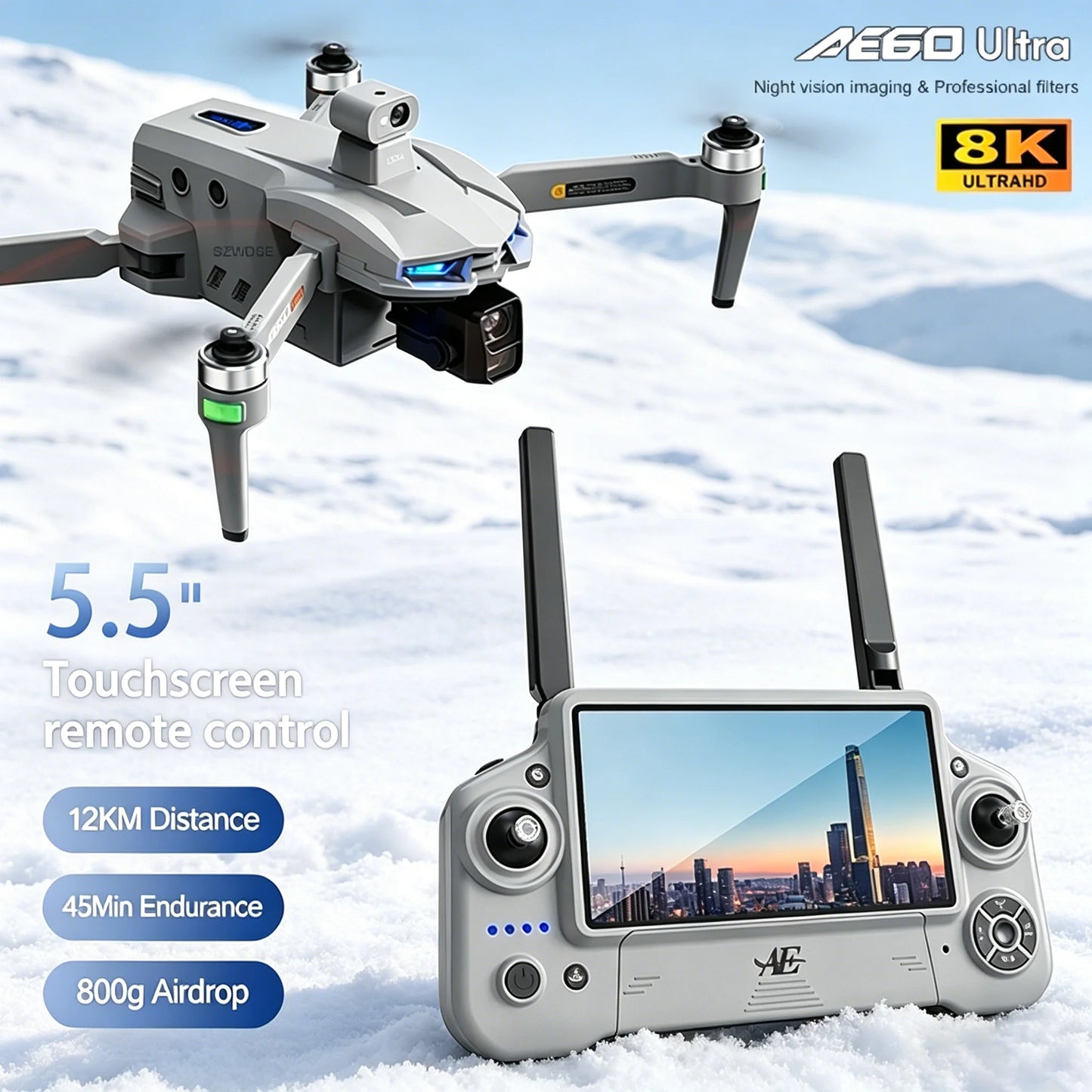 New AE60 GPS Drone 8K Professional HD Camera Brushless 3-Axis Gimbal Obstacle Avoidance Touch Screen Airdrop FPV Security Drones