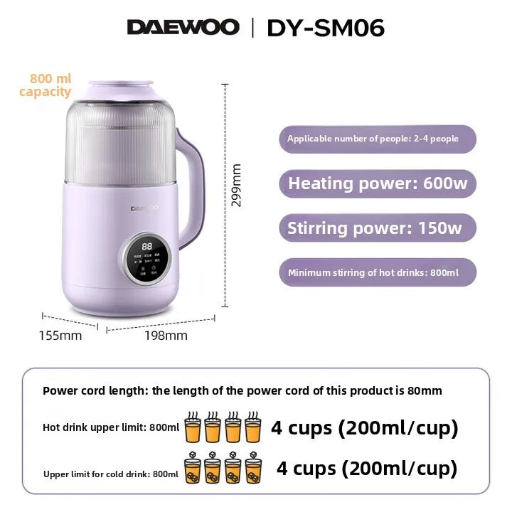 DAEWOO Mini Soymilk Machine with Automatic Cooking Function Pureed Smoothie Maker SM06 220V