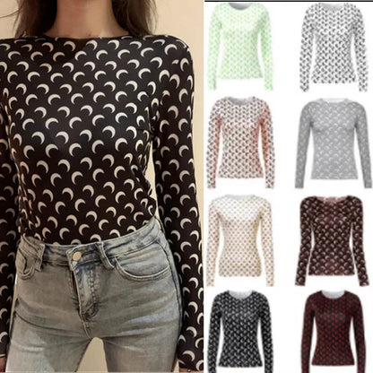 Sweet Two Piece Set Women American Retro Layered Outfit Long Sleeve Moon Print Top Ice Silk Pants Sexy Casual Autumn Fashion