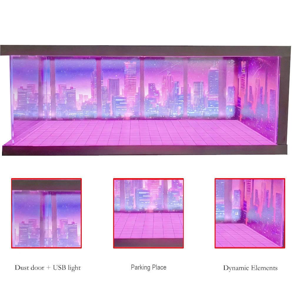 1/64 Scale Car Miniatures Garage Scene Model Car Parking Lot Display Box Led Lights Series Parking Simulation Car Models Box