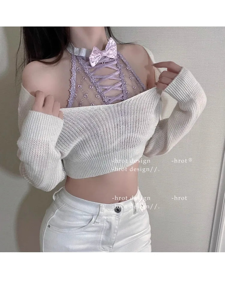 YUQI Minimizer Bra Large Cups DD+ | Sweetheart Bow Diamond Pattern Halter Top Slimming Thin Underwear Set  Womens Lingerie Set