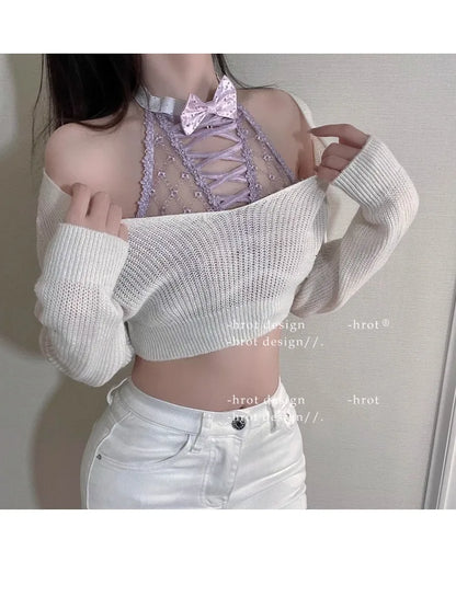YUQI Minimizer Bra Large Cups DD+ | Sweetheart Bow Diamond Pattern Halter Top Slimming Thin Underwear Set  Womens Lingerie Set