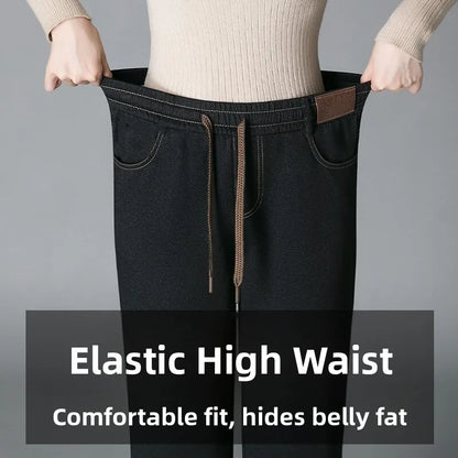High Waist Fleece Lined Thick Wide Leg Jeans Women's Casual Straight Leg Pants Autumn Winter Loose Fit Comfortable Trousers